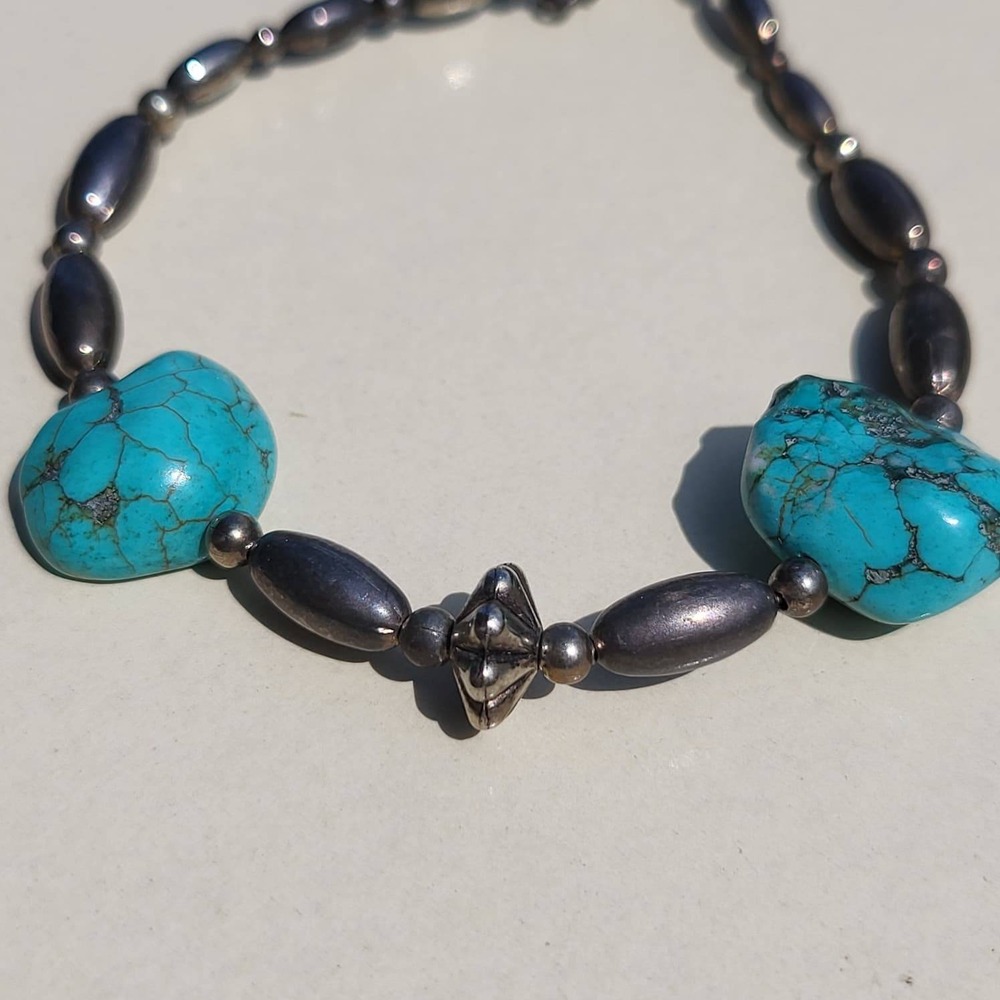 Vintage Turquoise Sterling Silver Melon Bead Bracelet Blue Southwestern - Picture 8 of 10